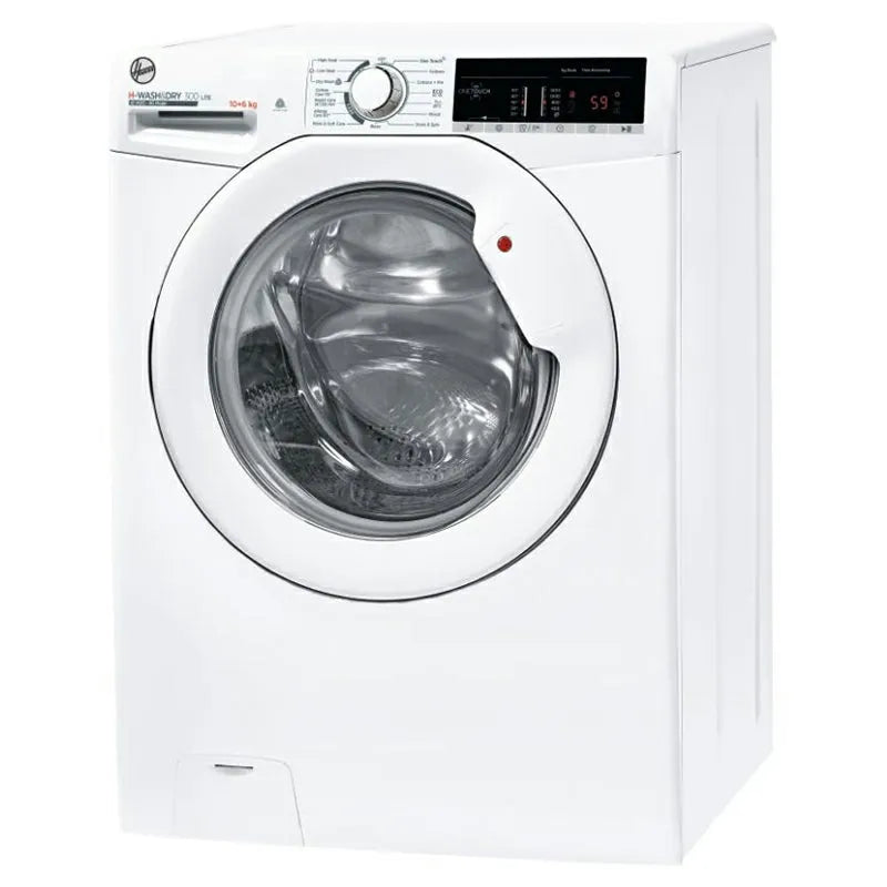 Hoover H-Wash white washer dryer combo with 10kg wash capacity and 6kg dry capacity, 1400 spin speed, front-loading design with digital display showing 59 degrees temperature setting and control panel with dial and buttons