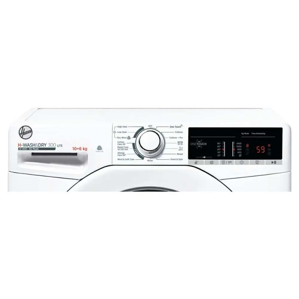 Hoover H-Wash&Dry 300 Lite white washer dryer combo with 10kg wash and 6kg dry capacity, featuring One Touch digital display, rotary dial controls, and 1400 spin speed