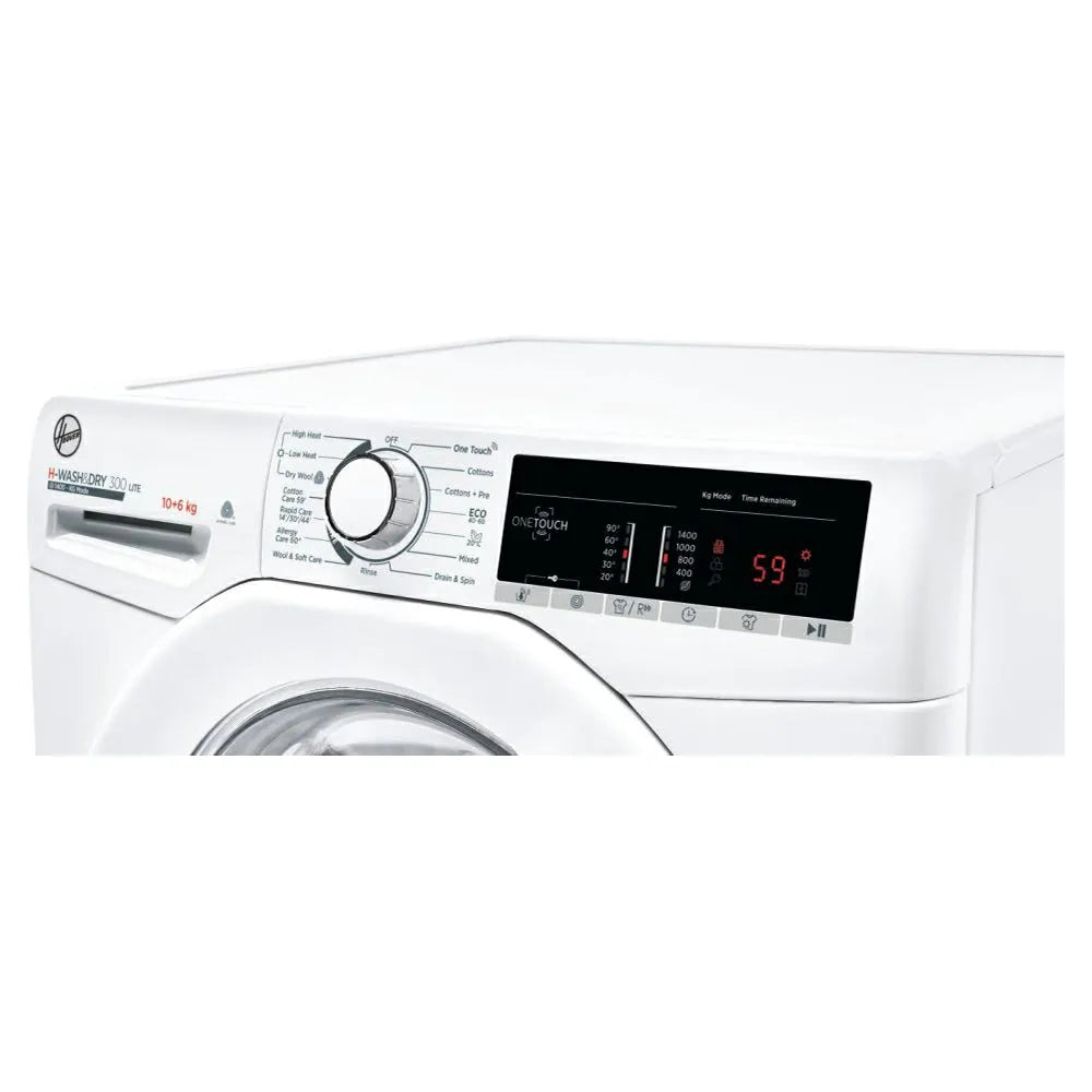 Hoover H-Wash 300 white washer dryer combo with 10kg wash and 6kg dry capacity, featuring digital display showing 59 minutes remaining, rotary dial controls on left side, and 1400 spin speed