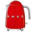 Red Smeg 1.7 litre retro 50s style electric kettle with stainless steel handle and accents, featuring white SMEG branding on the body