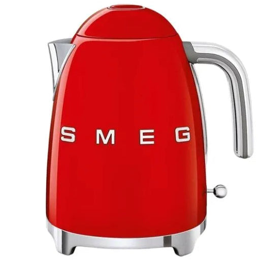 Red Smeg 1.7 litre retro 50s style electric kettle with stainless steel handle and accents, featuring white SMEG branding on the body