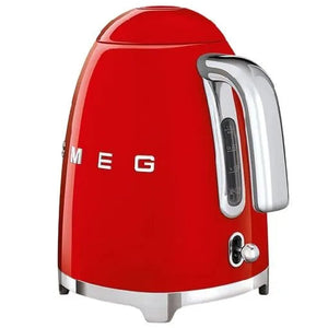 Smeg 1.7 litre red retro 50s style kettle with chrome handle and stainless steel base featuring white MEG branding