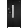 Hisense black American style side-by-side fridge freezer with ice and water dispenser, stainless steel handles and digital temperature control panel