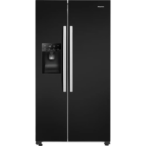 Hisense black American style side-by-side fridge freezer with ice and water dispenser, stainless steel handles and digital temperature control panel