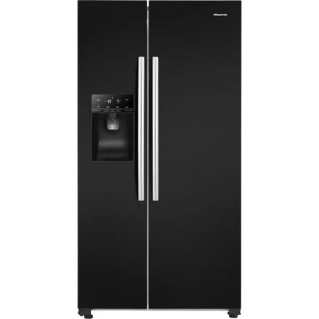 Hisense black American style side-by-side fridge freezer with ice and water dispenser, stainless steel handles and digital temperature control panel