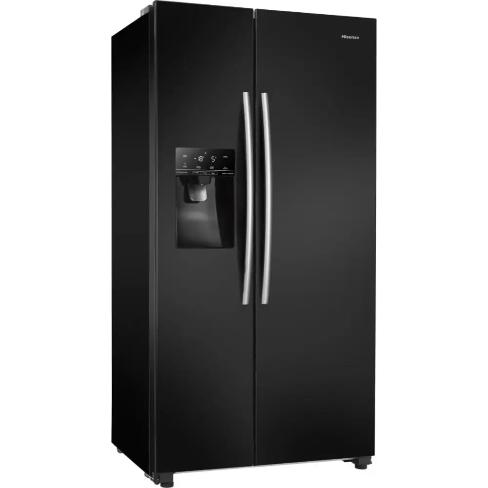 Black Hisense American style side-by-side fridge freezer with plumbed ice and water dispenser, digital display panel, and stainless steel handles