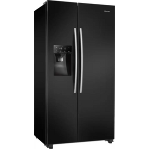 Black Hisense American style side-by-side fridge freezer with plumbed ice and water dispenser, digital display panel, and stainless steel handles