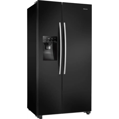 Black Hisense American style side-by-side fridge freezer with plumbed ice and water dispenser, digital display panel, and stainless steel handles