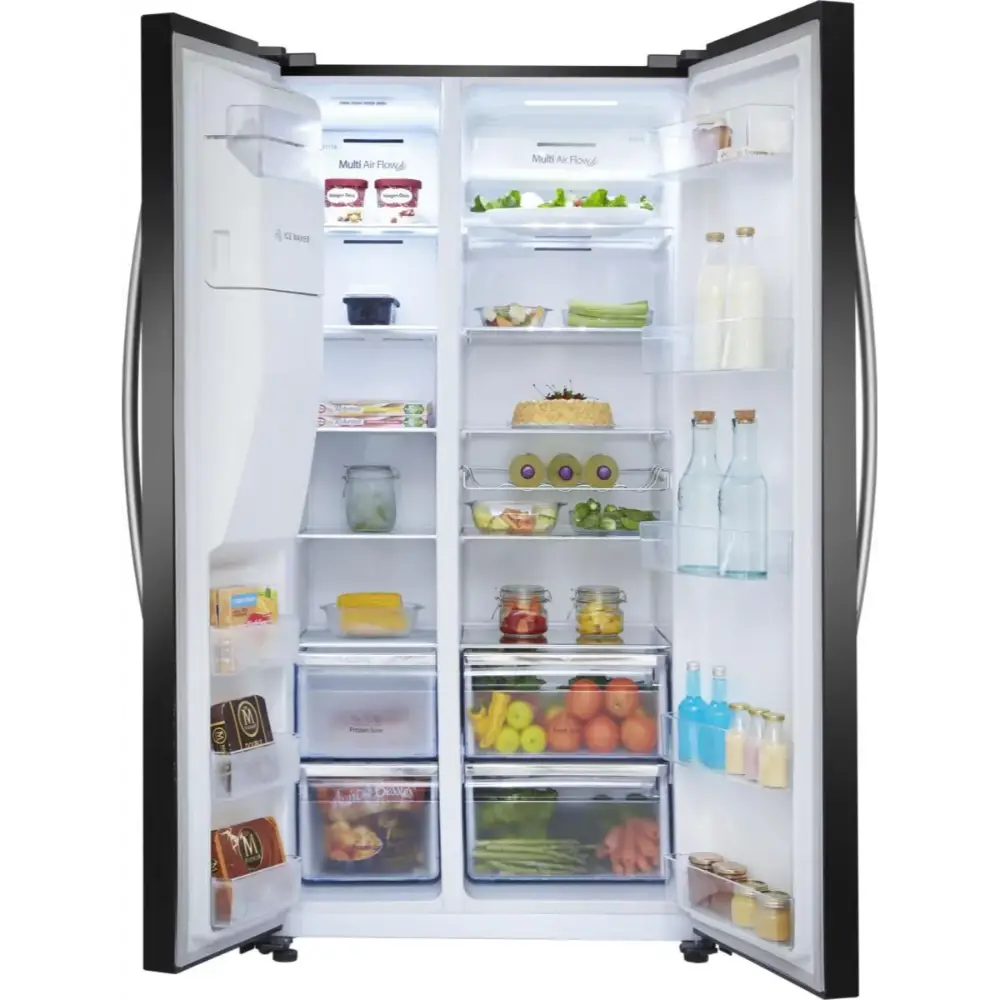 Hisense black American style side by side fridge freezer with both doors open displaying fresh produce, beverages, and frozen foods on multiple shelves and drawers