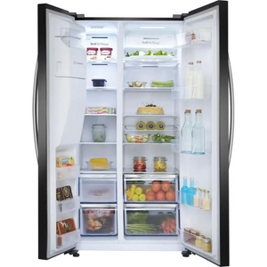 Hisense black American style side by side fridge freezer with both doors open displaying fresh produce, beverages, and frozen foods on multiple shelves and drawers