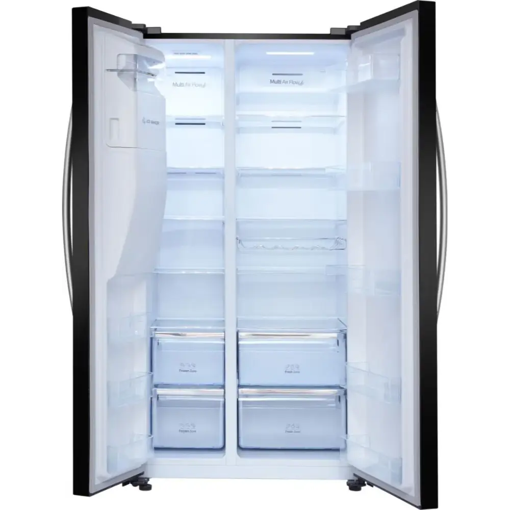 Hisense black American style side-by-side fridge freezer with both doors open showing multiple shelves and fresh produce drawers