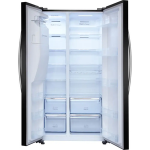 Hisense black American style side-by-side fridge freezer with both doors open showing multiple shelves and fresh produce drawers