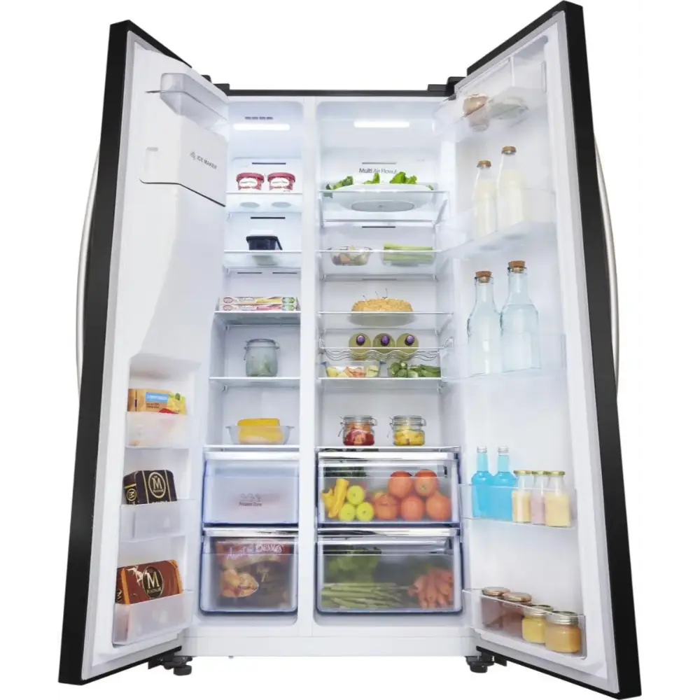 Hisense American style side-by-side fridge freezer with black exterior and stainless steel handles, both doors open showing white interior with organized shelving, fresh produce, beverages, and frozen items displayed