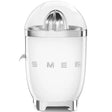 Smeg 50's retro style white electric citrus juicer with stainless steel dome top and chrome accents, featuring cone reamer and side spout on white background