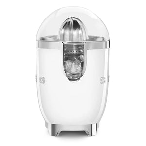 Smeg 50's retro style white electric citrus juicer with chrome accents, dome-shaped clear acrylic top, and stainless steel squeezing cone on white background