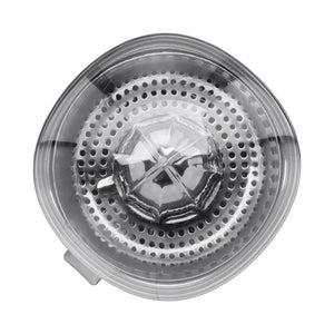 Top-down view of a clear plastic citrus juicer with a central chrome cone-shaped reamer and perforated collection bowl, featuring a retro 1950s design aesthetic