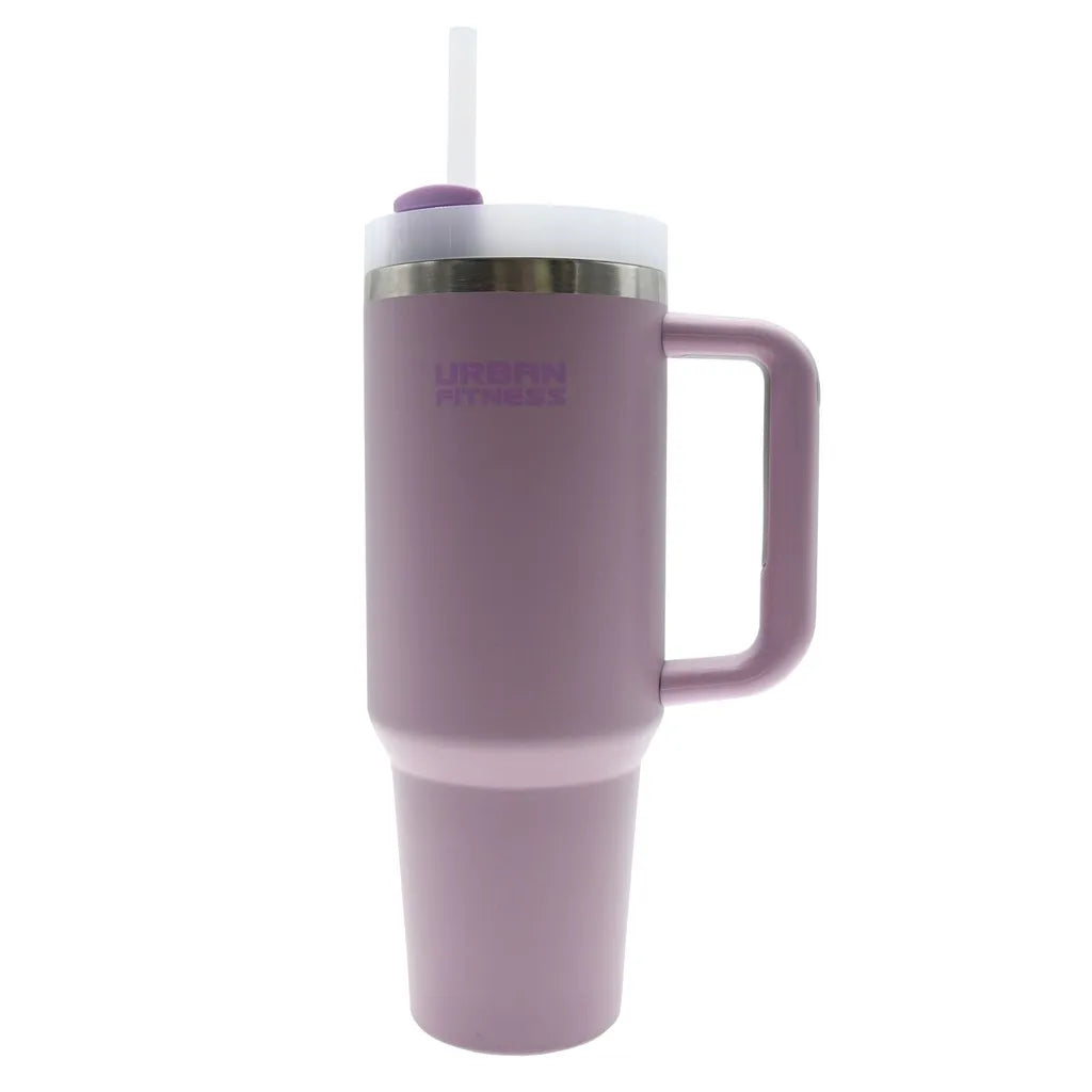 Urban Fitness VitalSip 1.2 litre insulated water bottle in pastel pink with stainless steel band, handle and white lid with straw