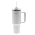 White insulated tumbler with handle and straw from Urban Fitness, 1.2 litre capacity, featuring stainless steel band and frosty white finish