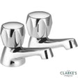 Pair of chrome plated basin taps with crown-shaped handles and 1/2 inch connections, featuring curved spouts and polished metallic finish