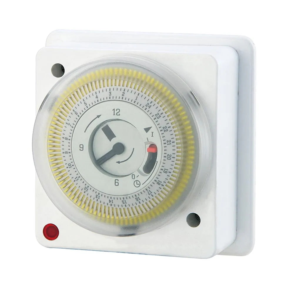 White 24-hour mechanical time switch with yellow dial ring, analog clock face showing 12-hour time markings, red power indicator light, and mounting holes for wall installation