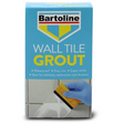 Bartoline Wall Tile Grout 500g Super White product box showing blue packaging with yellow and teal logo, featuring image of gloved hand applying white grout between ceramic tiles with yellow grout float tool