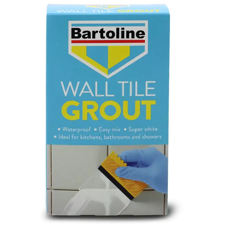 Bartoline Wall Tile Grout 500g Super White product box showing blue packaging with yellow and teal logo, featuring image of gloved hand applying white grout between ceramic tiles with yellow grout float tool