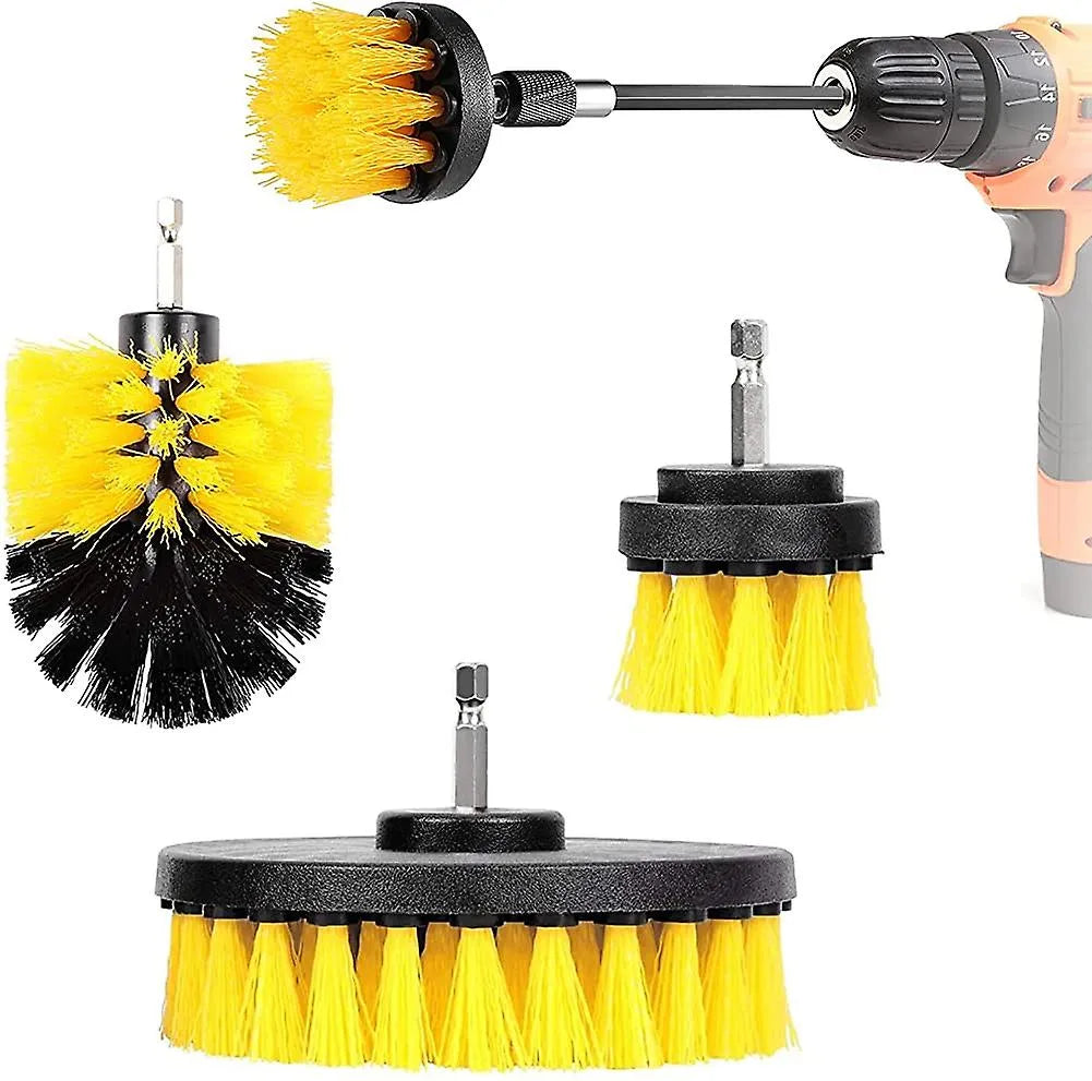 Blackspur 3-piece drill powered brush set with yellow nylon bristles and black plastic bases, including round detail brush, cup brush, and large flat brush attached to orange power drill