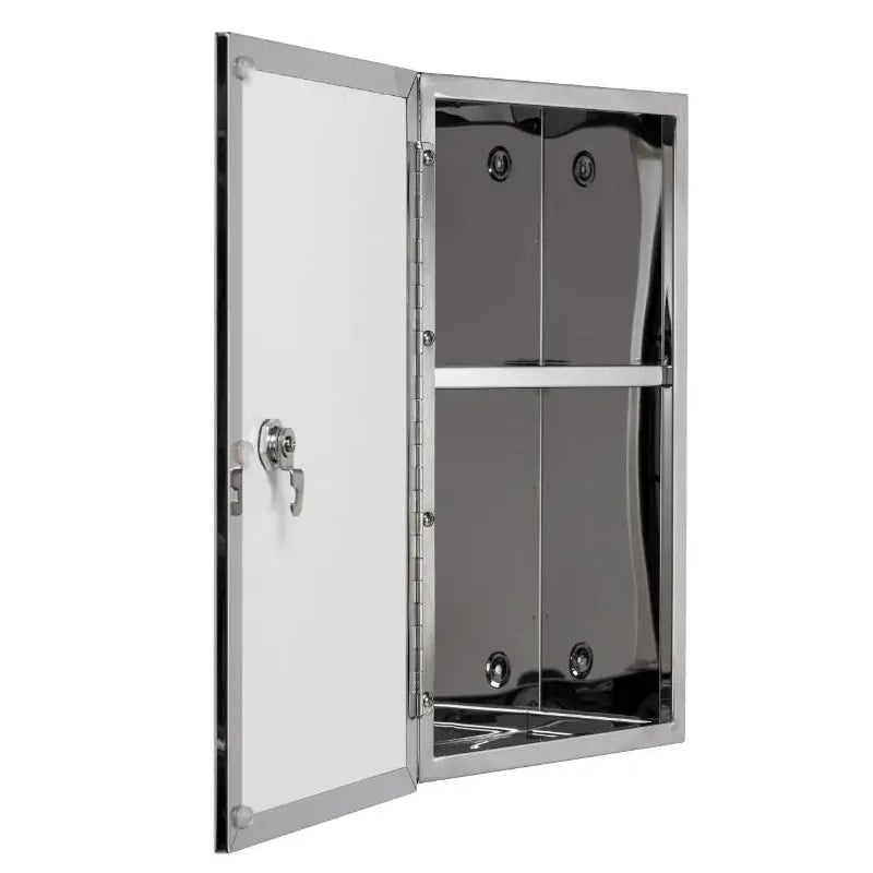 Croydex Trent lockable stainless steel bathroom cabinet with white door open showing interior shelving and dark grey compartments