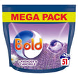 Bold All-in-1 Lavender and Camomile laundry pods mega pack with 51 washes in a blue and yellow pouch featuring purple and white product capsules against a lavender field background