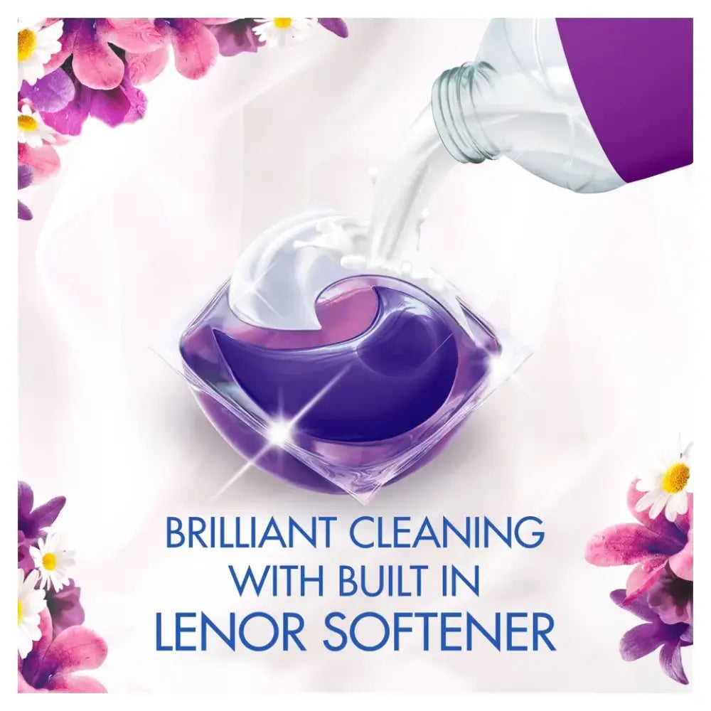Bold All-in-1 laundry pod in purple gel capsule being dispensed from white bottle against white background, decorated with pink and purple flowers, featuring text "Brilliant Cleaning with Built in Lenor Softener"