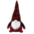 Burgundy and black plush gnome with tall sequined cone hat, white fluffy beard, and knit mittens, Glamjonk Jumbo style decorative figure