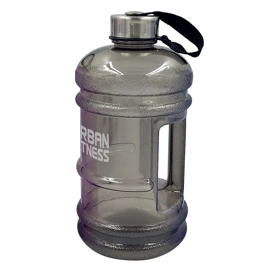 Urban Fitness Quench 2.2 litre water bottle in shadow grey with textured grip bands, clear body panel, black carry handle and screw-top lid