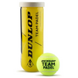 Dunlop Team Padel yellow pressurized tennis balls in tube with one ball displayed showing bright green felt and black text branding
