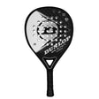 Dunlop Galactica Junior padel racket in black with teardrop shape, perforated face design, triangular handle grip, and brand text on the frame against white background