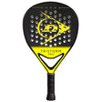 Dunlop Tristorm Pro padel racket with black carbon fiber face, yellow frame and branding, perforated surface pattern, and black grip handle