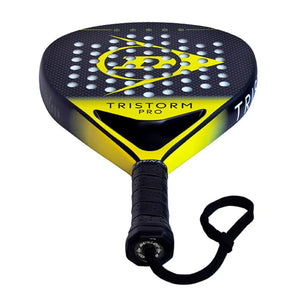 Dunlop Tristorm Pro padel racket with black and yellow design featuring perforated face pattern and black grip with wrist strap