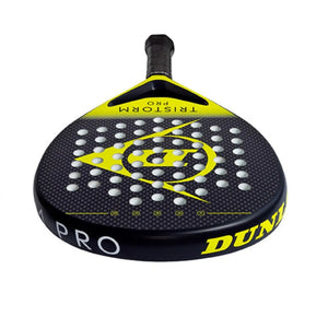 Dunlop Tristorm Pro padel racket with black and yellow design, featuring white perforated holes across the face, yellow trim, black grip handle, and pro branding on the frame