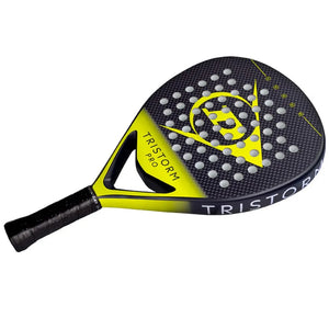 Dunlop Tristorm Pro padel racket with neon yellow frame and black textured face featuring grey perforated pattern and logo design, includes black grip handle