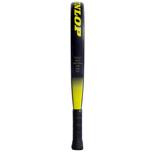 Dunlop Tristorm Pro padel racket with black and yellow color scheme, featuring yellow branding on black handle and grip, isolated on white background
