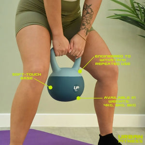 Person in olive green fitness wear holding an 8kg Urban Fitness dual soft kettlebell with teal and navy blue coloring, displaying product features including soft-touch base, durability for repeated use, and available weights of 4kg, 6kg, and 8kg on a purple exercise mat with green plant in background