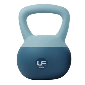 Urban Fitness 8kg dual soft kettlebell with light blue handle and dark blue rubber coated base featuring UF branding
