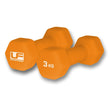Pair of orange neoprene-covered 3kg hex dumbbells with Urban Fitness Equipment branding displayed against white background