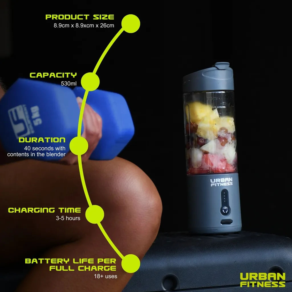 Urban Fitness VitalFuse portable blender in grey with product specifications showing 530ml capacity, 8.9cm x 8.9cm x 26cm size, 40 seconds blending duration, 3-5 hours charging time, and 18+ uses per charge, displayed with blue charging case and filled blender containing fruit and ice