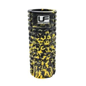 Urban Fitness black and yellow textured foam massage roller 33cm length with branded label showing UF Equipment logo