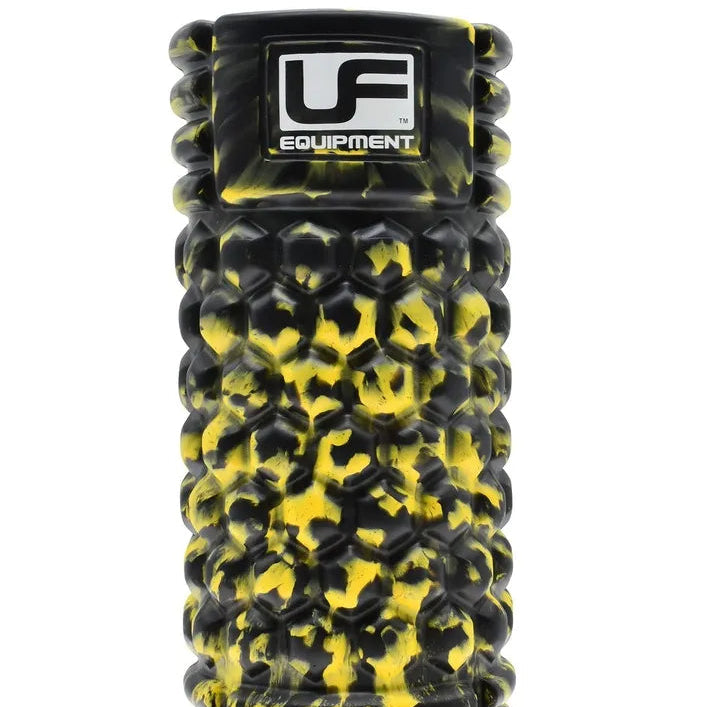 Black and yellow foam massage roller with textured surface, 33cm length, featuring Urban Fitness Equipment branded label on top