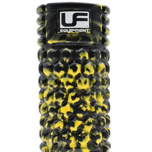 Black and yellow foam massage roller with textured surface, 33cm length, featuring Urban Fitness Equipment branded label on top