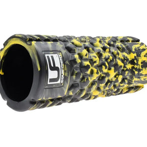 Yellow and black textured foam massage roller with hollow cylindrical design and Urban Fitness branding label, 33cm length for muscle recovery and myofascial release
