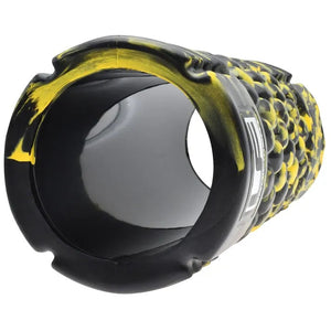 Yellow and black foam massage roller with textured surface, 33cm length, cylindrical design with hollow core for muscle recovery and exercise