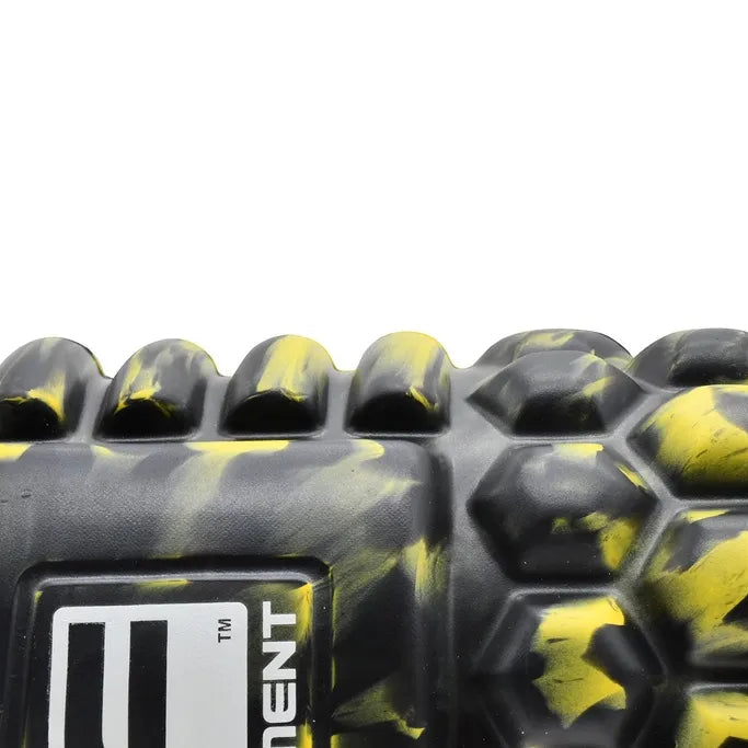 Black and yellow foam massage roller with textured knobbed surface showing brand label, 33cm x 14cm fitness recovery tool