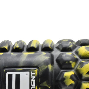 Black and yellow foam massage roller with textured knobbed surface showing brand label, 33cm x 14cm fitness recovery tool